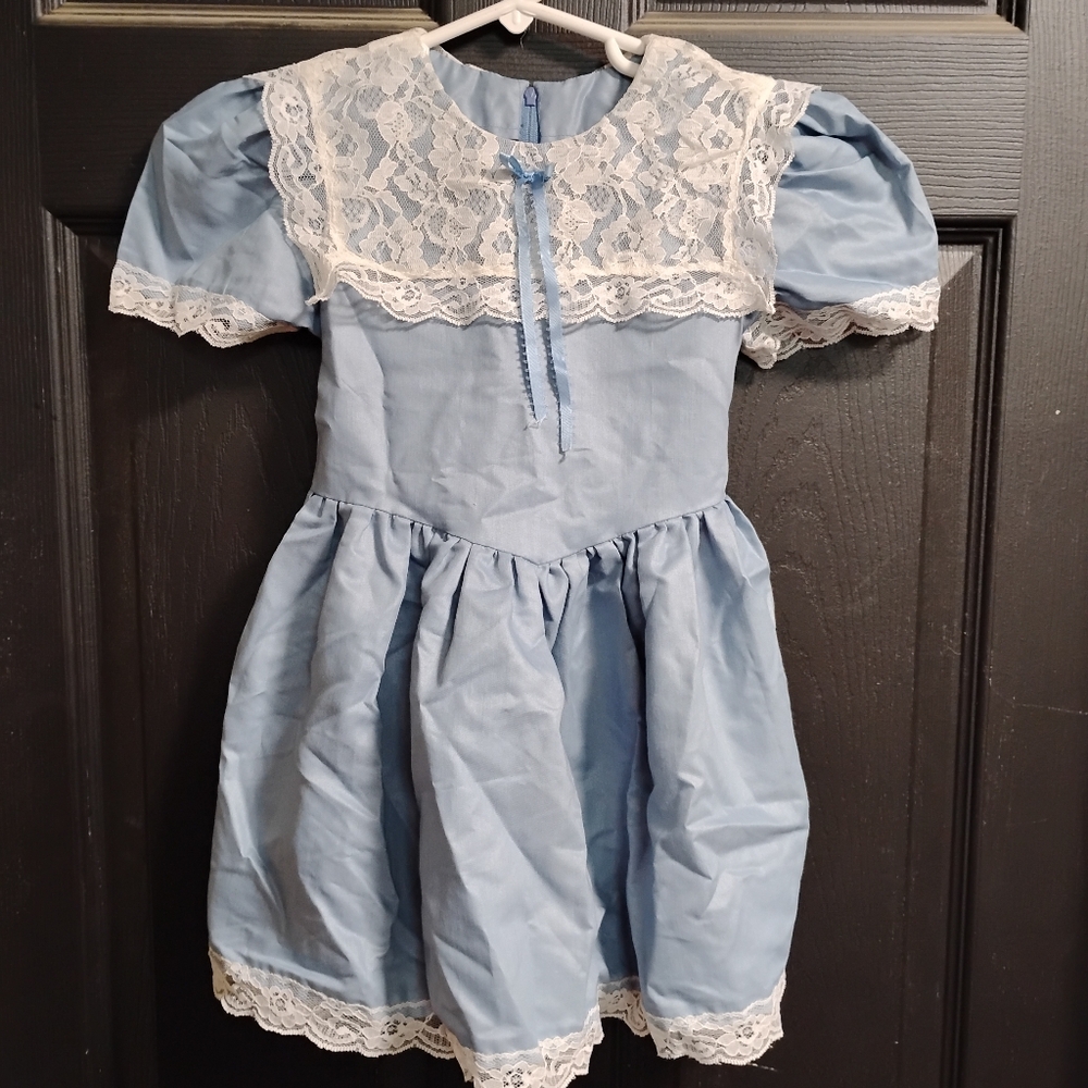 Vintage Handmade Blue Dress Size 3 Lace Detail Short Puff Sleeves Regencycore